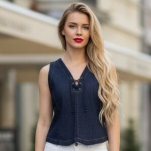 NWOT  Ann Taylor LOFT  Denim Sleeveless Lace Front top Size 8 Y2K